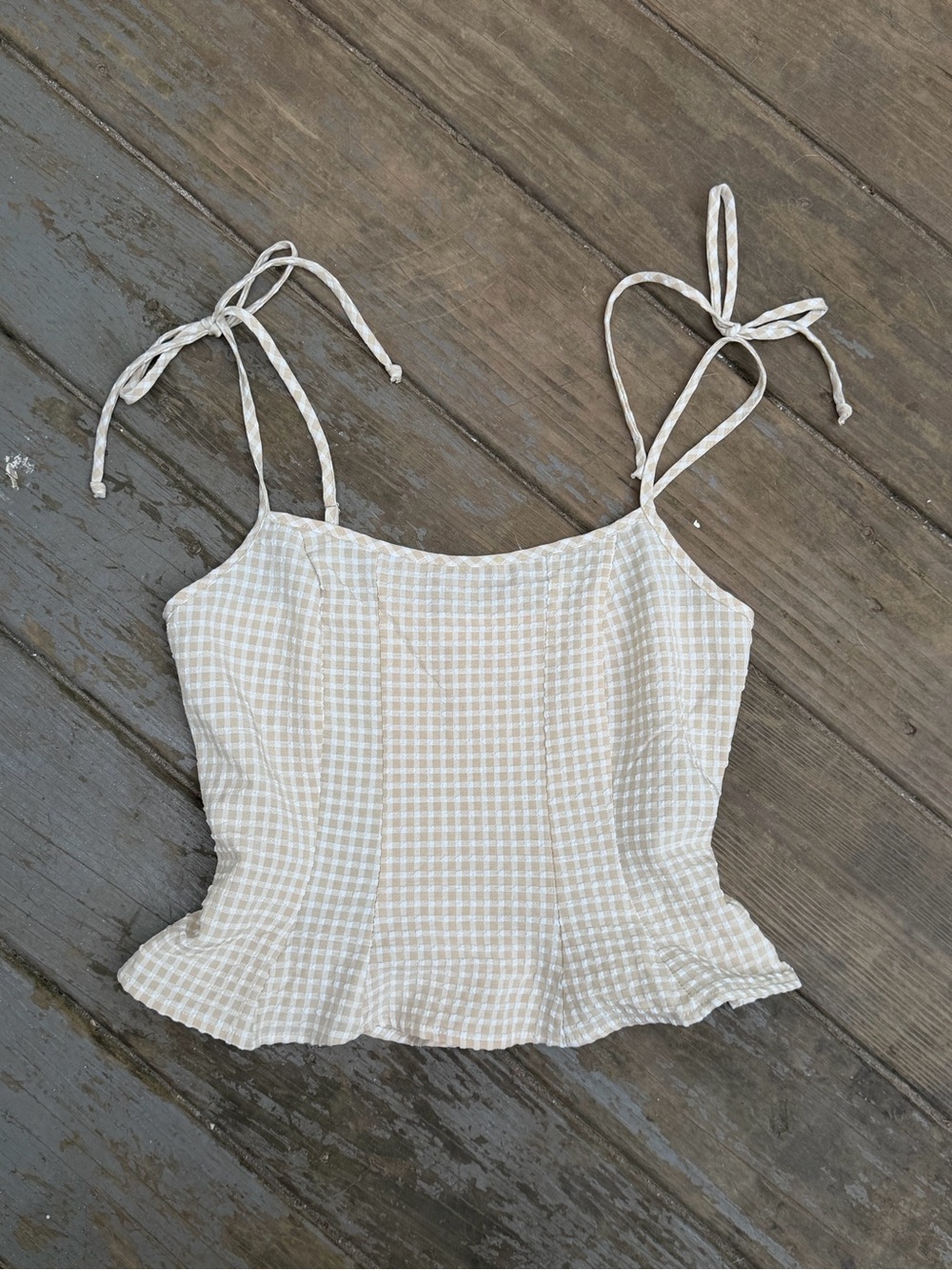 Women’s Beige Gingham Tie-Strap Cami Top Crop Top Flared Peplum Hem 🔥